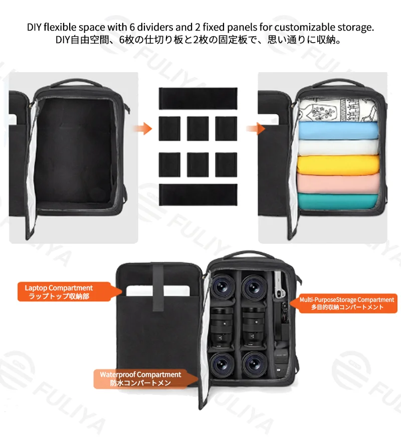 Guangzhou Fuliya Industry Co.,Ltd C-81390 This multi-functional camera backpack features DIY dividers for customizable storage, a waterproof compartment, laptop sleeve, breathable mesh, and snap/metal buckles - ideal for photography and travel.