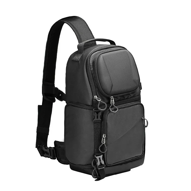 Guangzhou Fuliya Industry Co.,Ltd C-81392 This waterproof nylon camera sling bag features hard-shell protection, switchable 2-layer storage, a tripod holder, and adjustable strap for shoulder or waist carry - ideal for photography and travel.