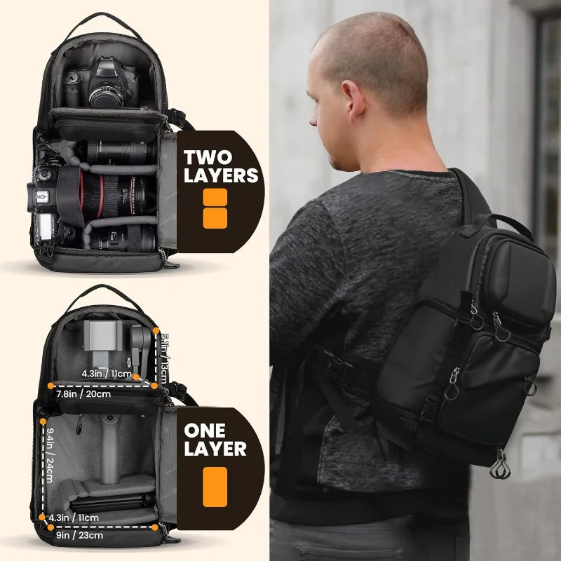 Guangzhou Fuliya Industry Co.,Ltd C-81392 This waterproof nylon camera sling bag features hard-shell protection, switchable 2-layer storage, a tripod holder, and adjustable strap for shoulder or waist carry - ideal for photography and travel.