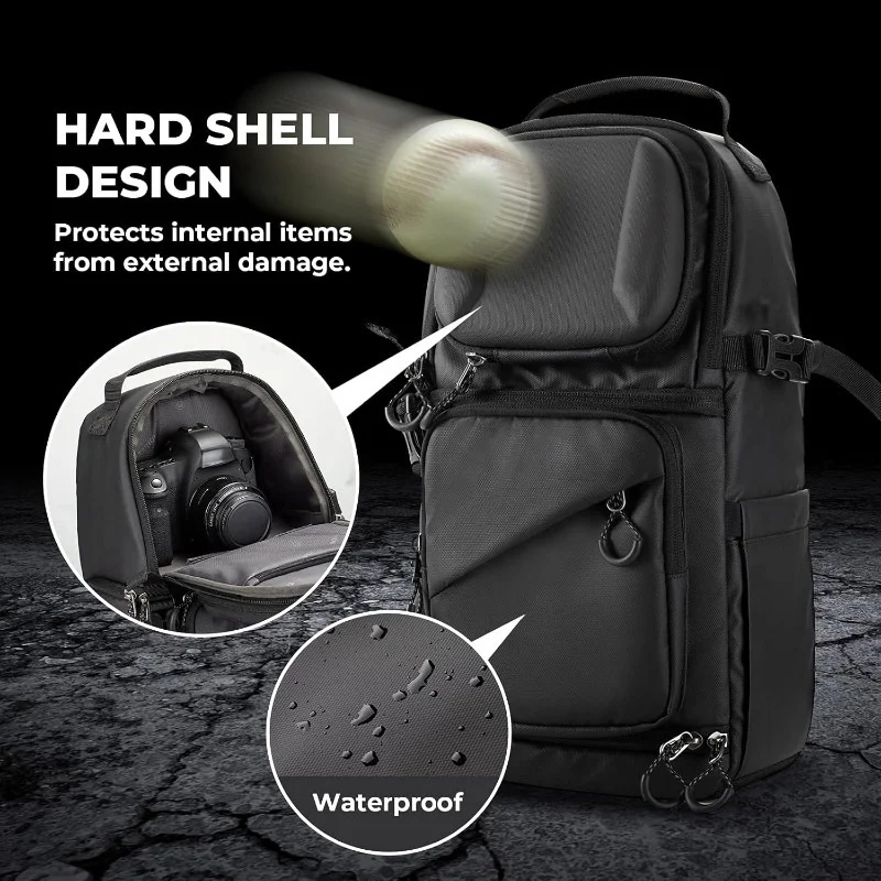 Guangzhou Fuliya Industry Co.,Ltd C-81392 This waterproof nylon camera sling bag features hard-shell protection, switchable 2-layer storage, a tripod holder, and adjustable strap for shoulder or waist carry - ideal for photography and travel.