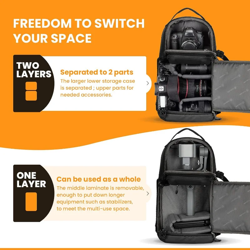 Guangzhou Fuliya Industry Co.,Ltd C-81392 This waterproof nylon camera sling bag features hard-shell protection, switchable 2-layer storage, a tripod holder, and adjustable strap for shoulder or waist carry - ideal for photography and travel.