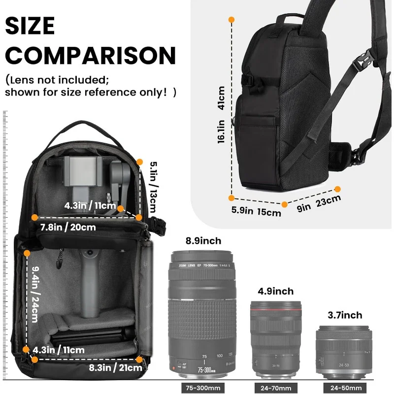 Guangzhou Fuliya Industry Co.,Ltd C-81392 This waterproof nylon camera sling bag features hard-shell protection, switchable 2-layer storage, a tripod holder, and adjustable strap for shoulder or waist carry - ideal for photography and travel.