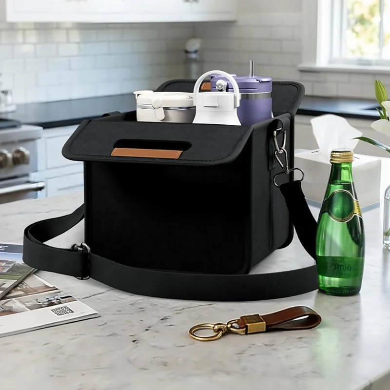 Guangzhou Fuliya Industry Co.,Ltd C-81393 Foldable portable drink cup holder with adjustable strap, Velcro divider, leather handle, reinforced stitching, and secure buckle clips - ideal for outdoor, café, and travel.