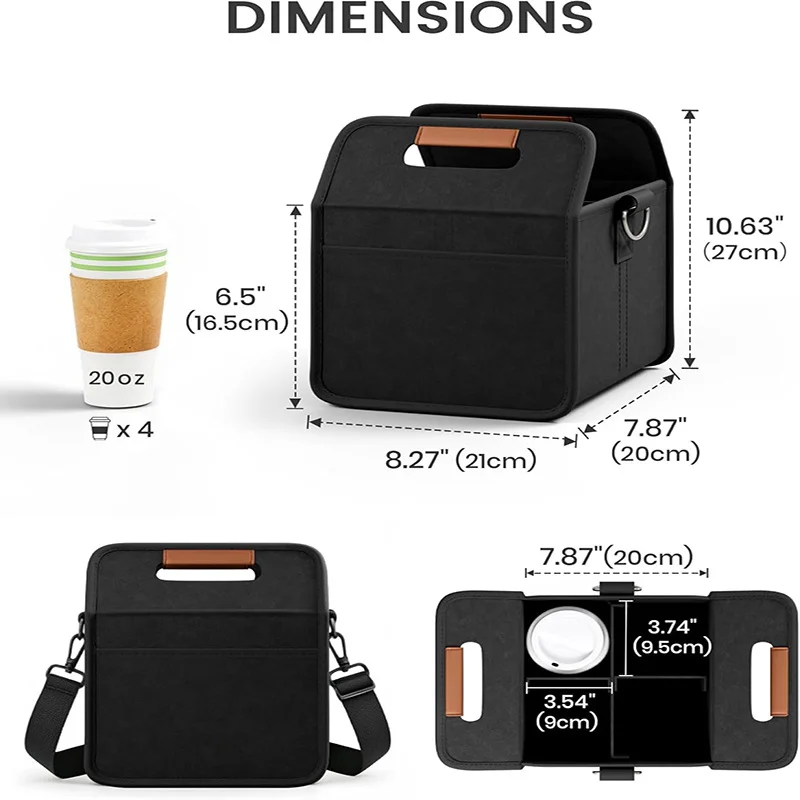 Guangzhou Fuliya Industry Co.,Ltd C-81393 Foldable portable drink cup holder with adjustable strap, Velcro divider, leather handle, reinforced stitching, and secure buckle clips - ideal for outdoor, café, and travel.