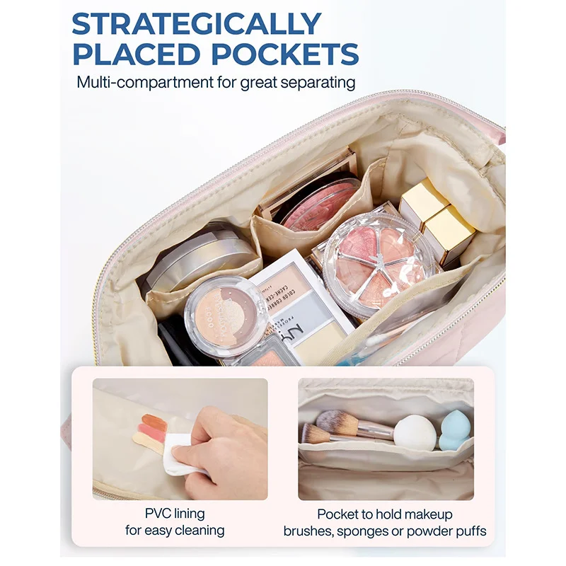 Guangzhou Fuliya Industry Co.,Ltd C-81395 Puffy padded makeup bag with wide opening, multi-compartments, PVC lining for easy cleaning, and water-resistant fabric - perfect for makeup, toiletries, and travel.