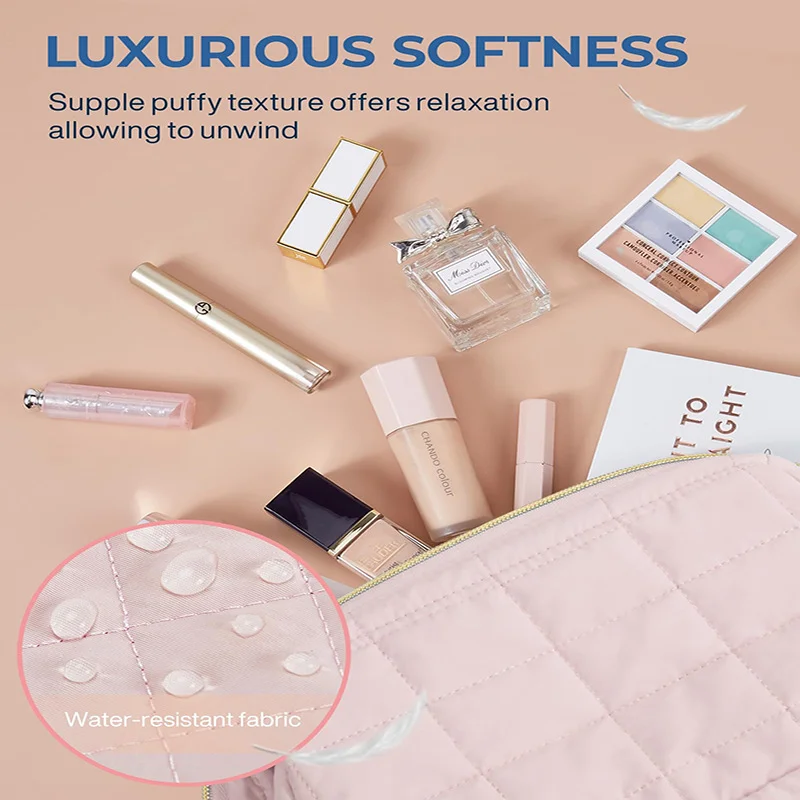 Guangzhou Fuliya Industry Co.,Ltd C-81395 Puffy padded makeup bag with wide opening, multi-compartments, PVC lining for easy cleaning, and water-resistant fabric - perfect for makeup, toiletries, and travel.