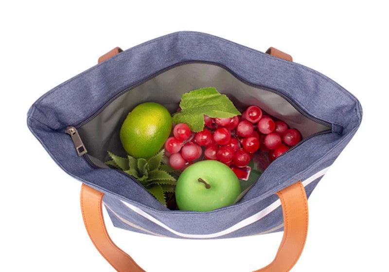 Guangzhou Fuliya Industry Co.,Ltd C-81396 Reusable striped thermal lunch tote. Compact exterior with spacious interior for lunch boxes, fruit, water bottles, and snacks. Reinforced handle for easy carry to office or picnic.