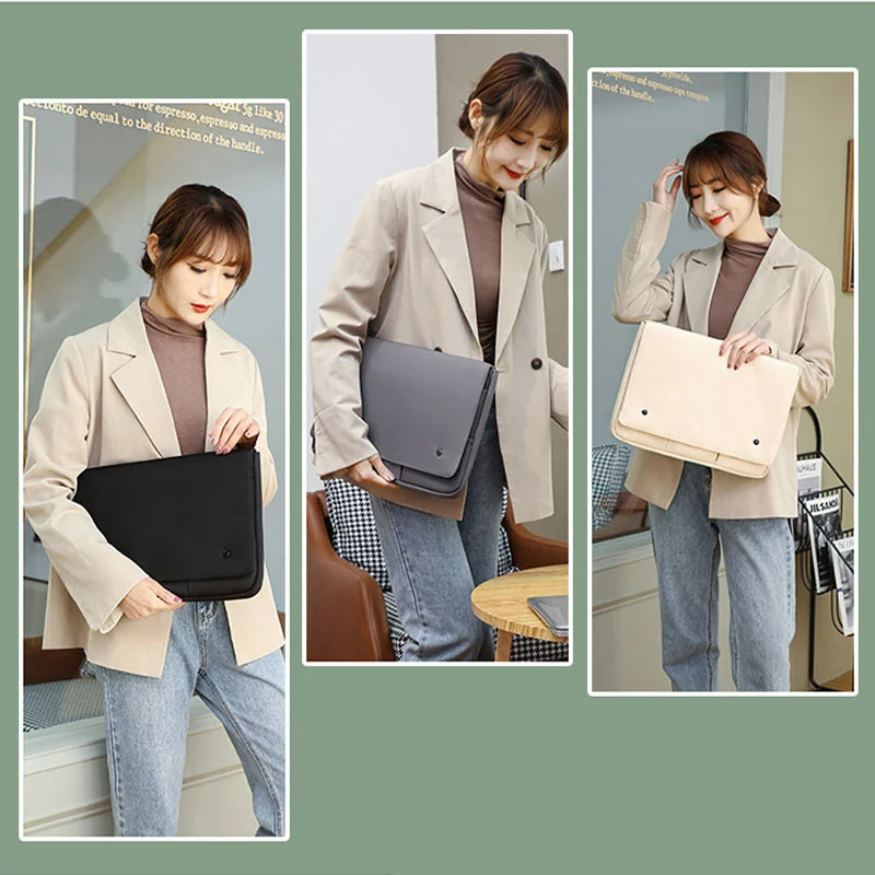 Guangzhou Fuliya Industry Co.,Ltd C-81399 This waterproof laptop sleeve features high-density durable fabric, multi-section storage, metal snap button closure, and 3 sizes (fits 11-15″ laptops) - ideal for commuting, school, and business trips.