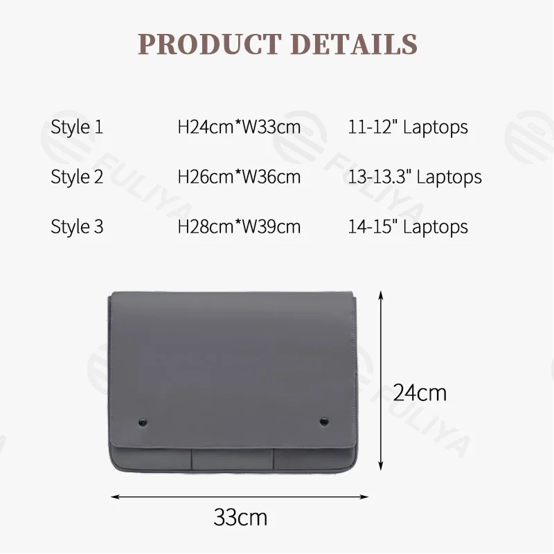 Guangzhou Fuliya Industry Co.,Ltd C-81399 This waterproof laptop sleeve features high-density durable fabric, multi-section storage, metal snap button closure, and 3 sizes (fits 11-15″ laptops) - ideal for commuting, school, and business trips.