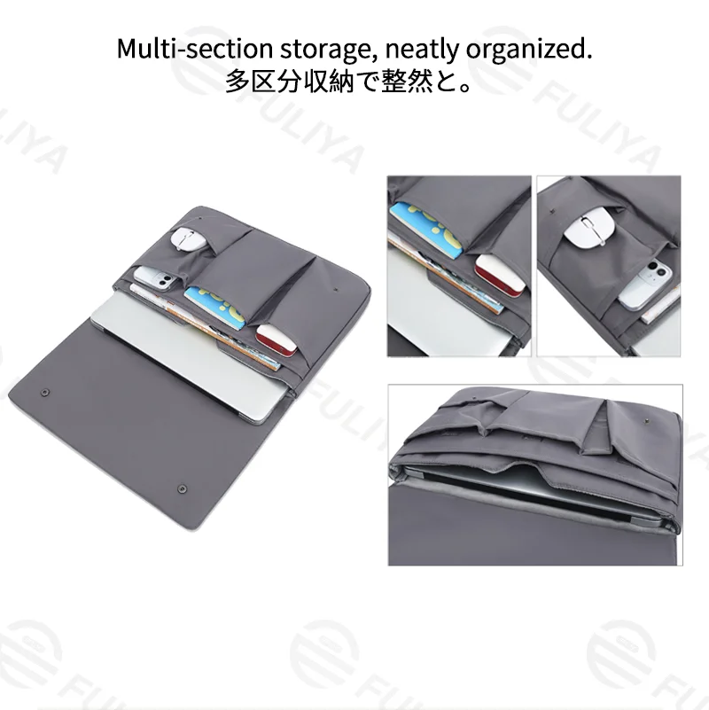 Guangzhou Fuliya Industry Co.,Ltd C-81399 This waterproof laptop sleeve features high-density durable fabric, multi-section storage, metal snap button closure, and 3 sizes (fits 11-15″ laptops) - ideal for commuting, school, and business trips.