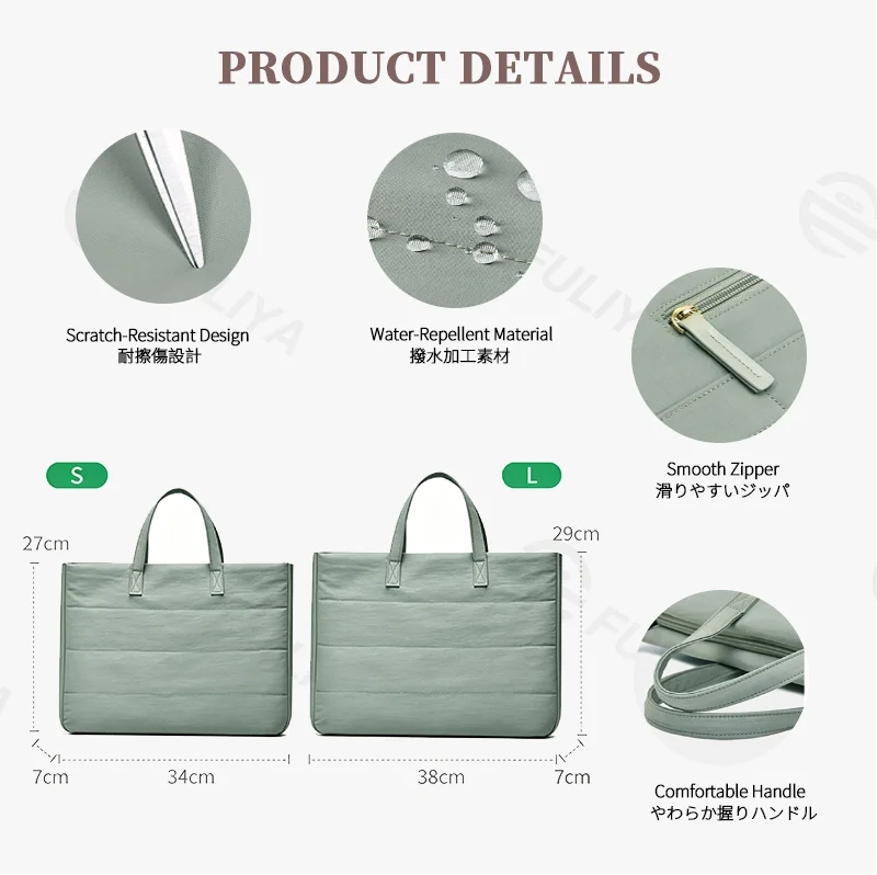 Guangzhou Fuliya Industry Co.,Ltd C-81401 This versatile tote bag is water-repellent and scratch-resistant, with air-cushion protection, large capacity for a laptop, detachable shoulder strap, and trolley strap - perfect for commuting and travel.