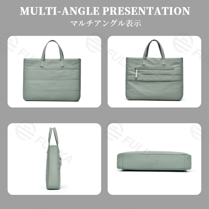 Guangzhou Fuliya Industry Co.,Ltd C-81401 This versatile tote bag is water-repellent and scratch-resistant, with air-cushion protection, large capacity for a laptop, detachable shoulder strap, and trolley strap - perfect for commuting and travel.