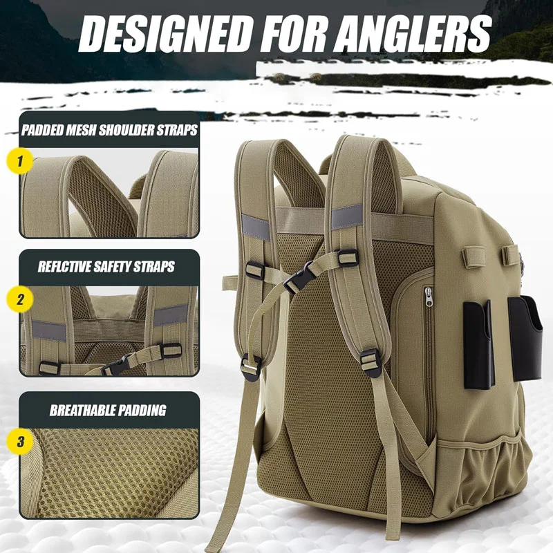 Guangzhou Fuliya Industry Co.,Ltd C-81407 This large-capacity fishing backpack features adjustable dividers, a breathable back pad, and dedicated pockets for sunglasses, knife, and hydration - ideal for fishing and outdoor activities.