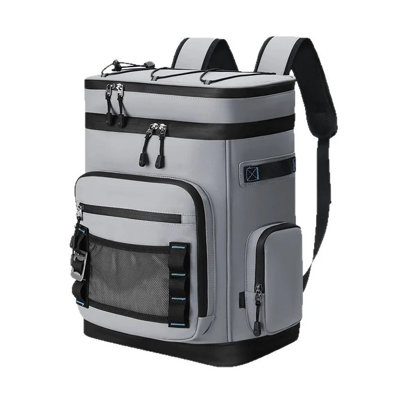 Guangzhou Fuliya Industry Co.,Ltd C-81410 This 30L large-capacity cooler bag is 100% leak-proof, keeps cold 12h and warm 6h, with picnic mat and cutlery storage - perfect for camping, picnics, and beach.
