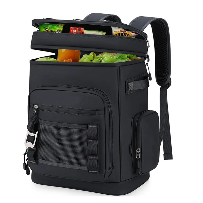 Guangzhou Fuliya Industry Co.,Ltd C-81410 This 30L large-capacity cooler bag is 100% leak-proof, keeps cold 12h and warm 6h, with picnic mat and cutlery storage - perfect for camping, picnics, and beach.