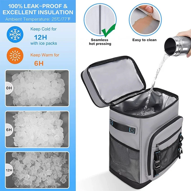 Guangzhou Fuliya Industry Co.,Ltd C-81410 This 30L large-capacity cooler bag is 100% leak-proof, keeps cold 12h and warm 6h, with picnic mat and cutlery storage - perfect for camping, picnics, and beach.