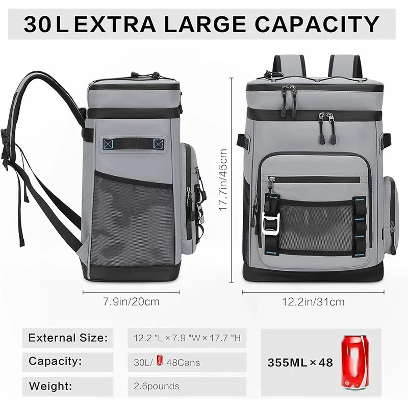 Guangzhou Fuliya Industry Co.,Ltd C-81410 This 30L large-capacity cooler bag is 100% leak-proof, keeps cold 12h and warm 6h, with picnic mat and cutlery storage - perfect for camping, picnics, and beach.