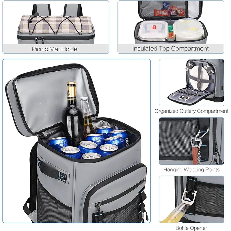 Guangzhou Fuliya Industry Co.,Ltd C-81410 This 30L large-capacity cooler bag is 100% leak-proof, keeps cold 12h and warm 6h, with picnic mat and cutlery storage - perfect for camping, picnics, and beach.