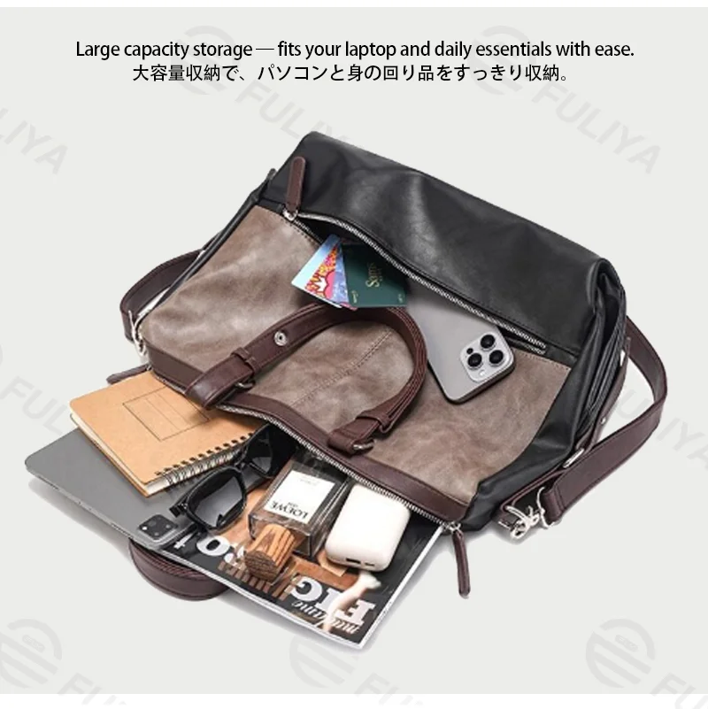 Guangzhou Fuliya Industry Co.,Ltd C-81421 This business briefcase is water-repellent, large-capacity for a laptop, with adjustable shoulder strap and buckle, inner pockets - perfect for hand, shoulder, or crossbody carry.