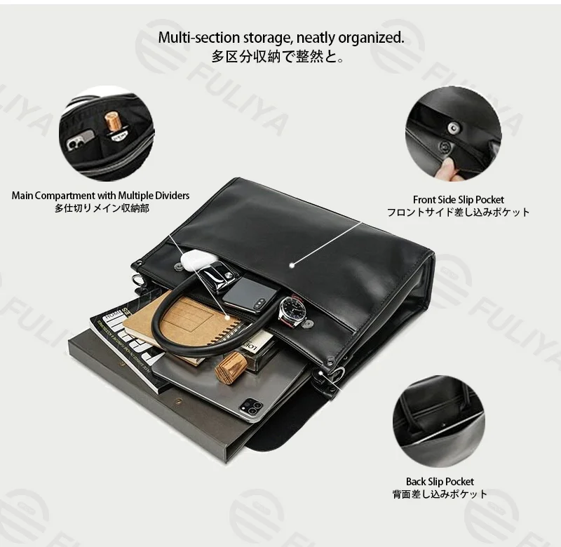 Guangzhou Fuliya Industry Co.,Ltd C-81422 This soft leather tote is large enough for a laptop, water-repellent and wear-resistant, with a detachable strap, hand/shoulder/crossbody carry - for commuting and business trips.
