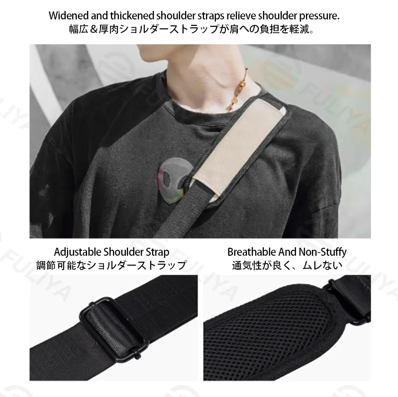 Guangzhou Fuliya Industry Co.,Ltd C-81423 This Japanese-style shoulder camera bag is waterproof and anti-theft, with widened padded straps to reduce shoulder strain, magnetic closure, and bottle pocket - for photography, travel, and commuting.