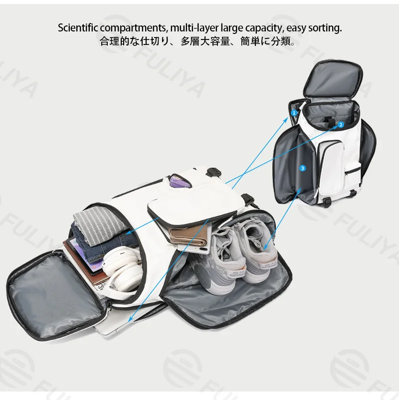 Guangzhou Fuliya Industry Co.,Ltd C-81425 This multi-functional backpack is water-repellent and durable, with large capacity, separate shoe compartment, laptop storage, and ergonomic back panel - for commuting, travel, and outdoor.
