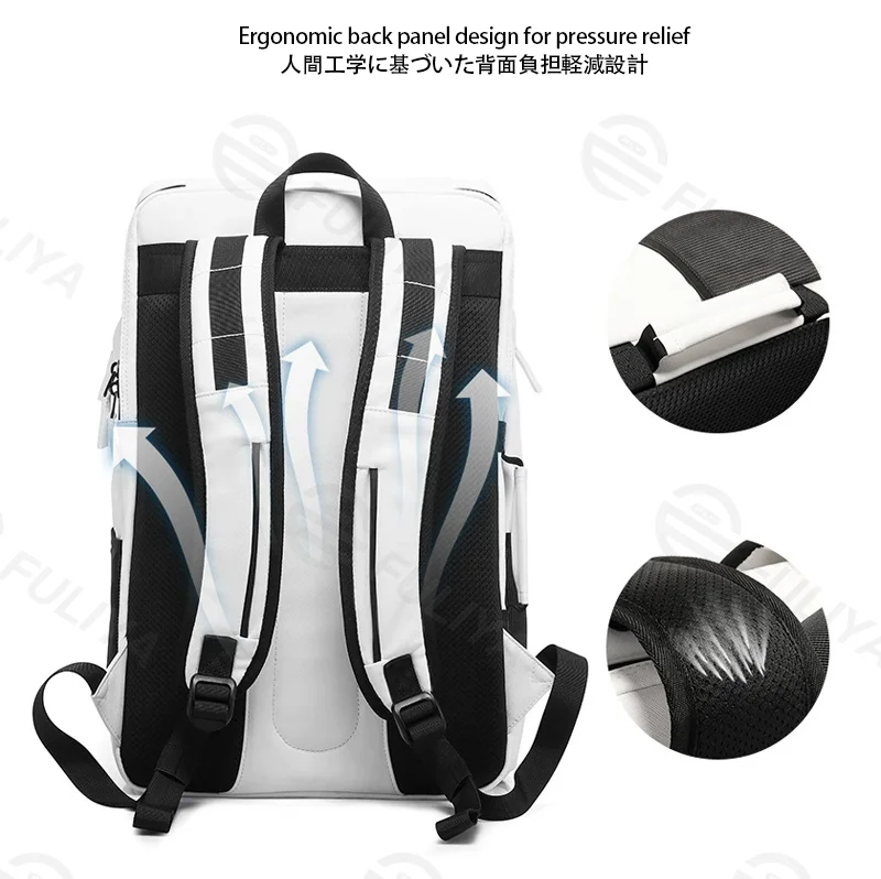 Guangzhou Fuliya Industry Co.,Ltd C-81425 This multi-functional backpack is water-repellent and durable, with large capacity, separate shoe compartment, laptop storage, and ergonomic back panel - for commuting, travel, and outdoor.