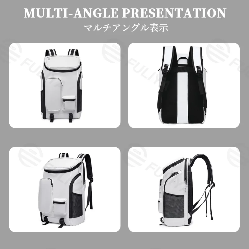 Guangzhou Fuliya Industry Co.,Ltd C-81425 This multi-functional backpack is water-repellent and durable, with large capacity, separate shoe compartment, laptop storage, and ergonomic back panel - for commuting, travel, and outdoor.
