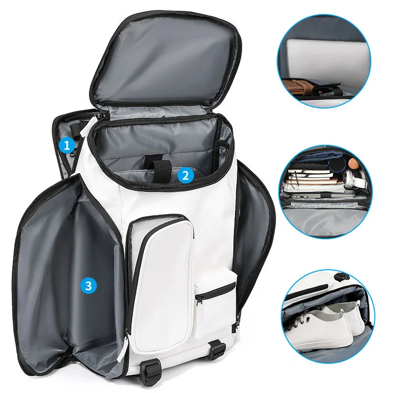 Guangzhou Fuliya Industry Co.,Ltd C-81425 This multi-functional backpack is water-repellent and durable, with large capacity, separate shoe compartment, laptop storage, and ergonomic back panel - for commuting, travel, and outdoor.