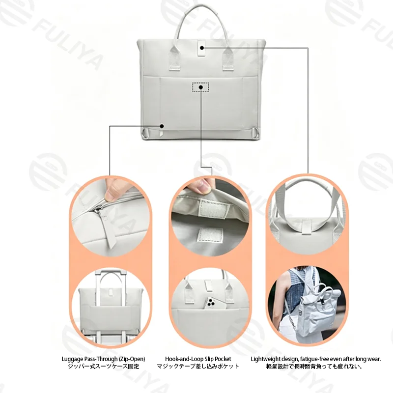 Guangzhou Fuliya Industry Co.,Ltd C-81427 This lightweight waterproof laptop bag converts between crossbody and hand carry, with dual air-cushion padding, large capacity, and trolley strap - for commuting and business trips.