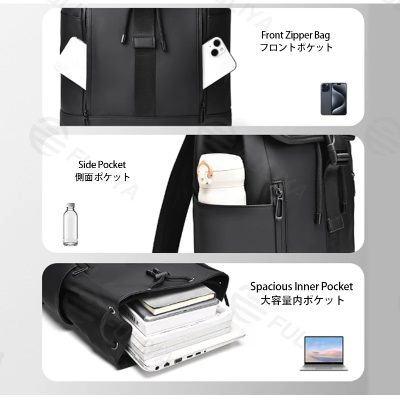 Guangzhou Fuliya Industry Co.,Ltd C-81429 This lightweight business backpack is water-repellent and durable, with large capacity and multiple pockets, plus a trolley strap - perfect for commuting and business trips.
