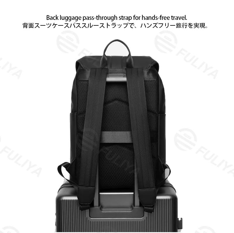 Guangzhou Fuliya Industry Co.,Ltd C-81429 This lightweight business backpack is water-repellent and durable, with large capacity and multiple pockets, plus a trolley strap - perfect for commuting and business trips.