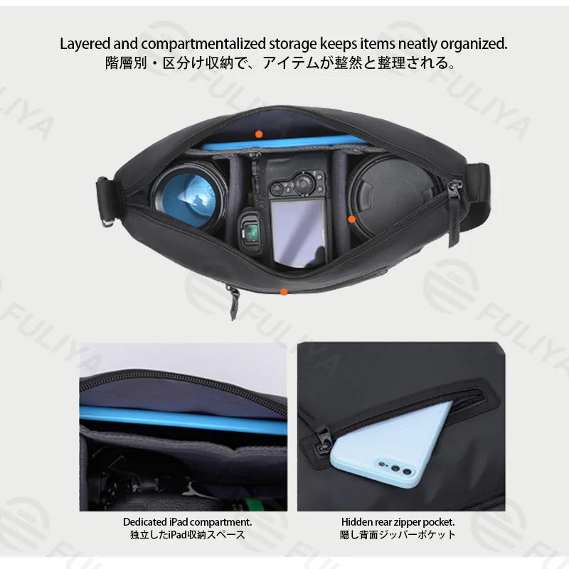 Guangzhou Fuliya Industry Co.,Ltd C-81431 This camera bag features durable waterproof PU coating, removable padded dividers, iPad compartment, and hand/shoulder/crossbody carry - for photography and daily use.