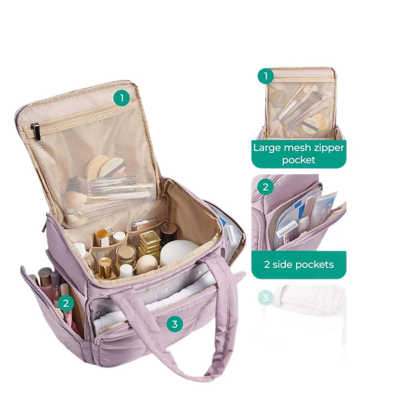 Guangzhou Fuliya Industry Co.,Ltd C-81432 This fluffy makeup bag is lightweight, water-resistant with smooth zippers, 180° wide opening, and multiple mesh pockets - for travel and daily organization.
