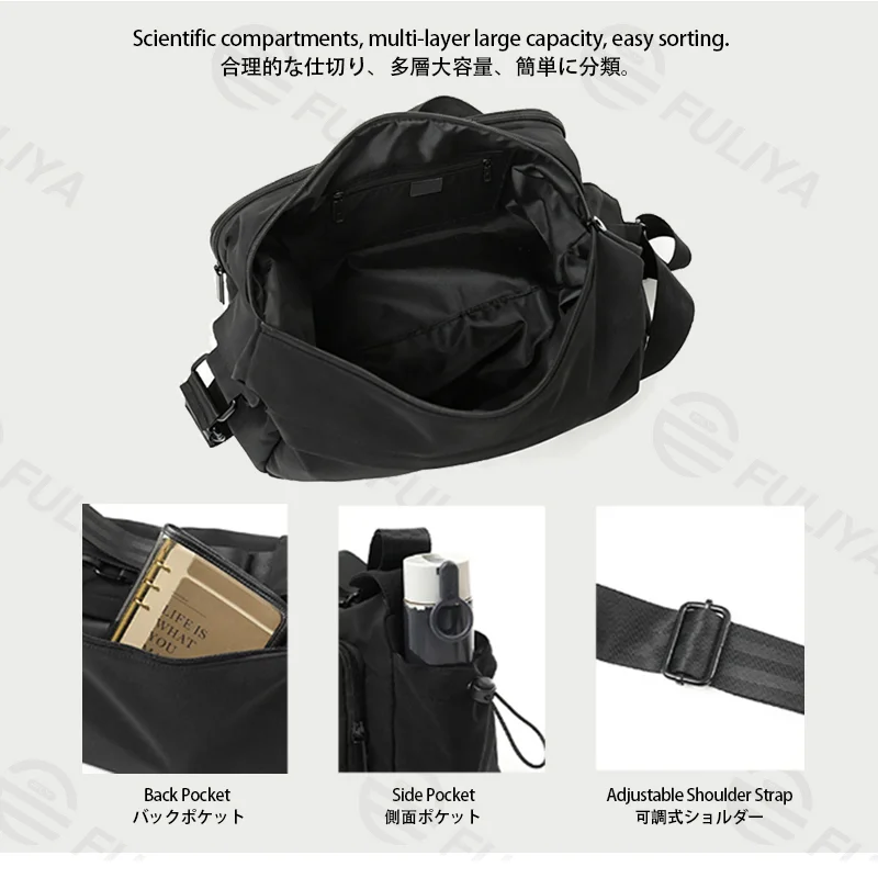 Guangzhou Fuliya Industry Co.,Ltd C-81435 This water-repellent shoulder bag has multi-layer pockets, an adjustable strap, and durable fabric - for commuting and outdoor use.