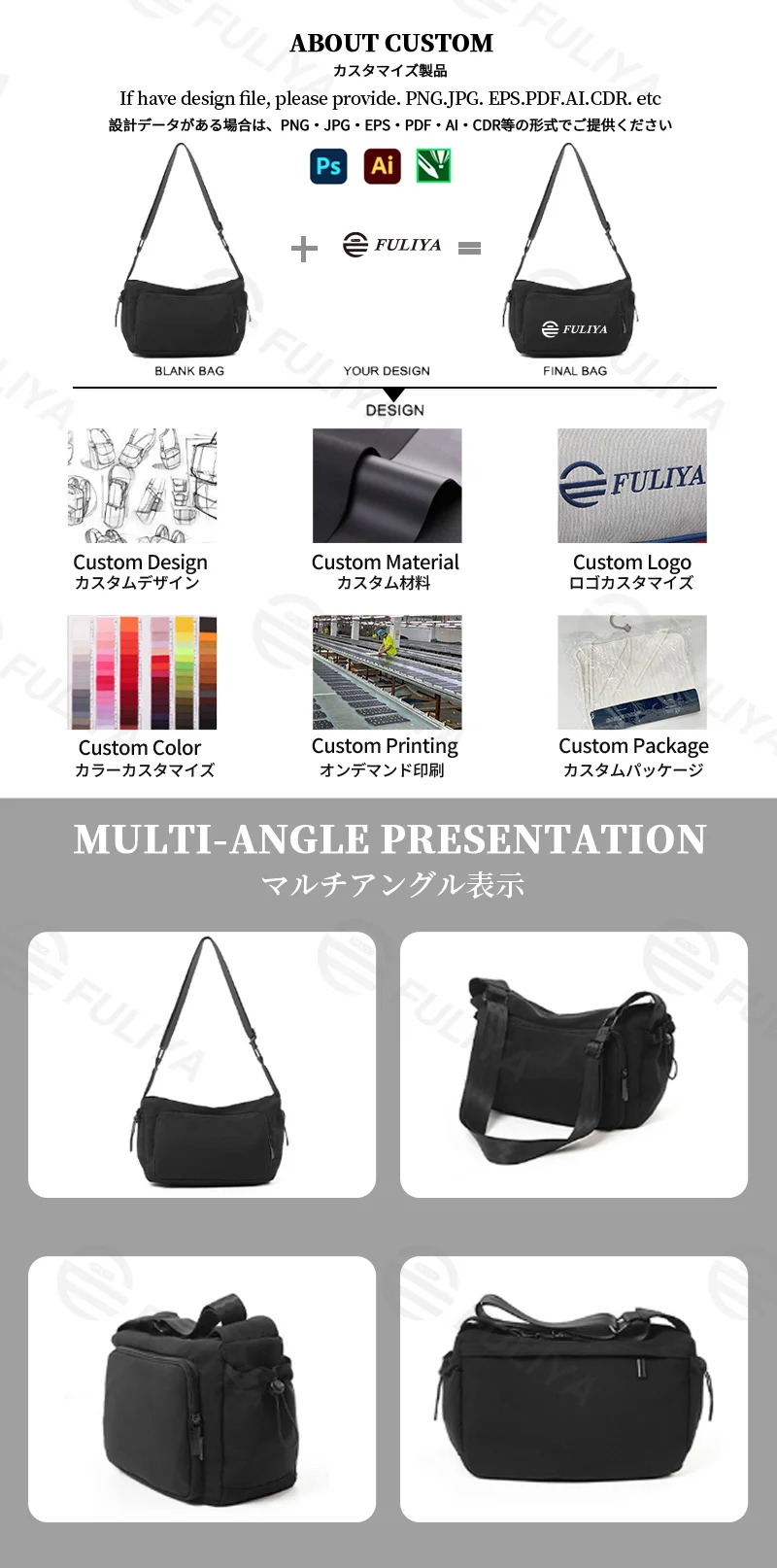 Guangzhou Fuliya Industry Co.,Ltd C-81435 This water-repellent shoulder bag has multi-layer pockets, an adjustable strap, and durable fabric - for commuting and outdoor use.