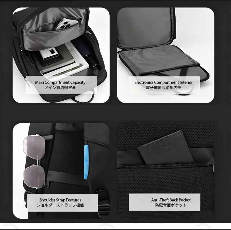 Guangzhou Fuliya Industry Co.,Ltd C-81436 This business backpack has large capacity for a 15.6″ laptop, honeycomb back pad, reflective strips, and trolley strap - for commuting and travel.