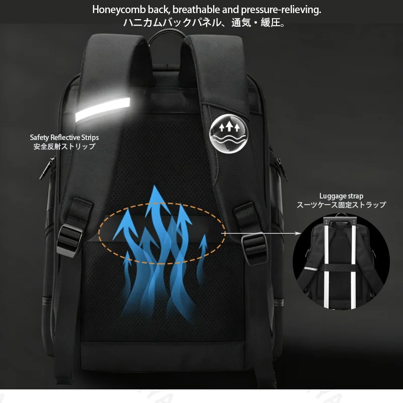Guangzhou Fuliya Industry Co.,Ltd C-81436 This business backpack has large capacity for a 15.6″ laptop, honeycomb back pad, reflective strips, and trolley strap - for commuting and travel.