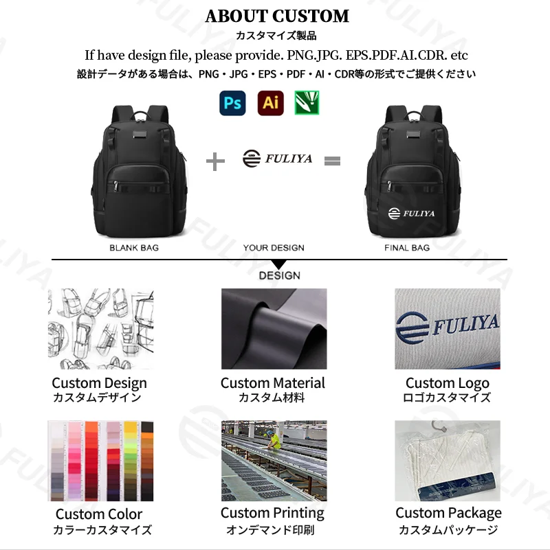 Guangzhou Fuliya Industry Co.,Ltd C-81436 This business backpack has large capacity for a 15.6″ laptop, honeycomb back pad, reflective strips, and trolley strap - for commuting and travel.