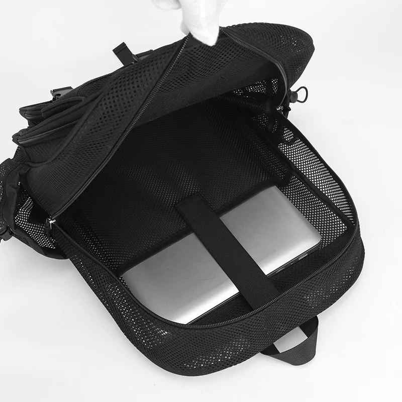 Guangzhou Fuliya Industry Co.,Ltd C-81438 This mesh backpack is lightweight and breathable, with large capacity, multiple pockets, fits a 15.6″ laptop - perfect for beach, travel, and daily use.