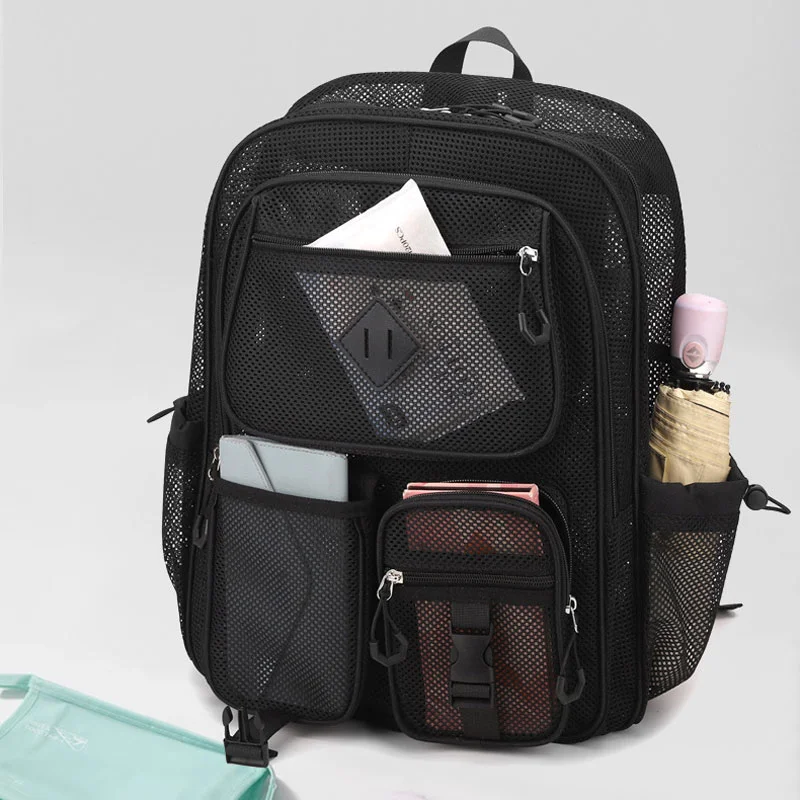 Guangzhou Fuliya Industry Co.,Ltd C-81438 This mesh backpack is lightweight and breathable, with large capacity, multiple pockets, fits a 15.6″ laptop - perfect for beach, travel, and daily use.