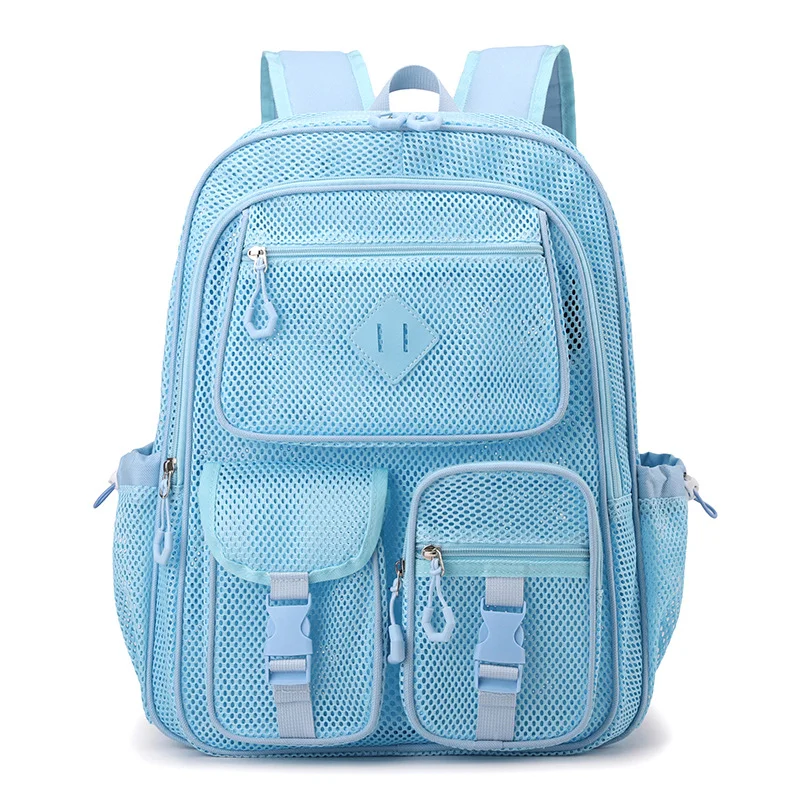 Guangzhou Fuliya Industry Co.,Ltd C-81438 This mesh backpack is lightweight and breathable, with large capacity, multiple pockets, fits a 15.6″ laptop - perfect for beach, travel, and daily use.