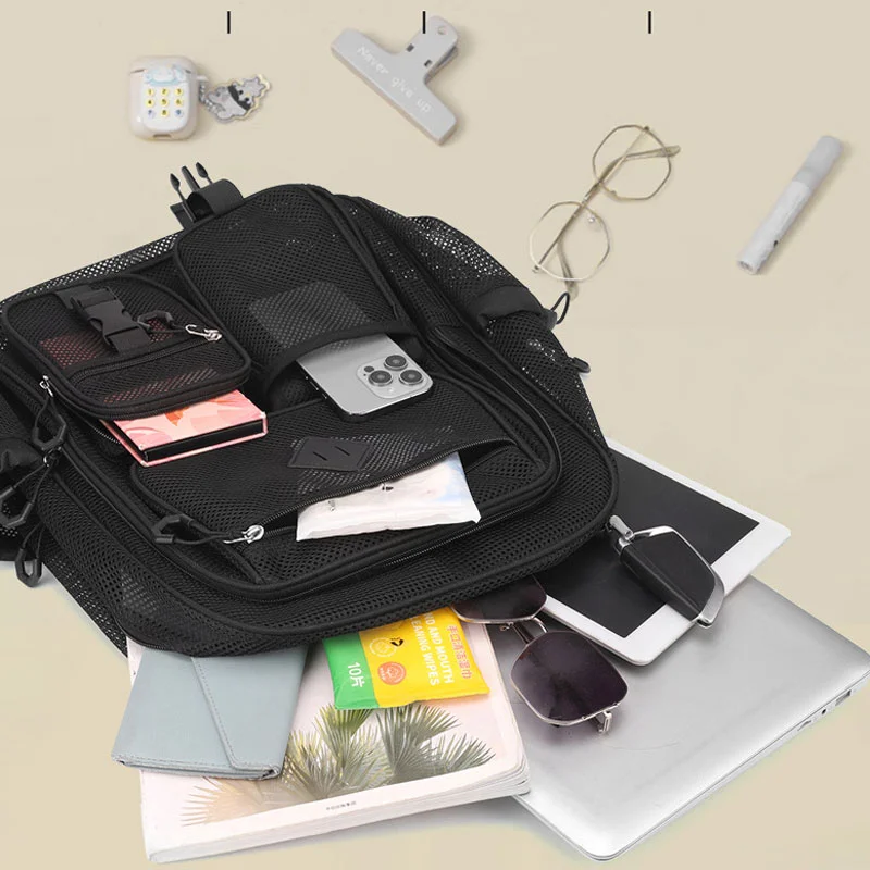 Guangzhou Fuliya Industry Co.,Ltd C-81438 This mesh backpack is lightweight and breathable, with large capacity, multiple pockets, fits a 15.6″ laptop - perfect for beach, travel, and daily use.