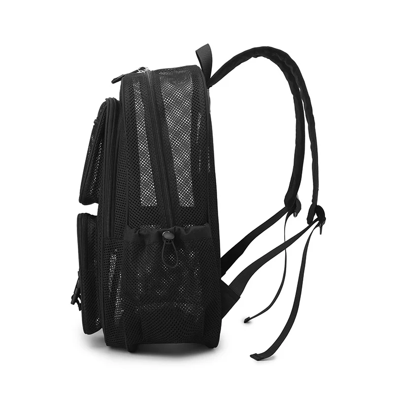 Guangzhou Fuliya Industry Co.,Ltd C-81438 This mesh backpack is lightweight and breathable, with large capacity, multiple pockets, fits a 15.6″ laptop - perfect for beach, travel, and daily use.