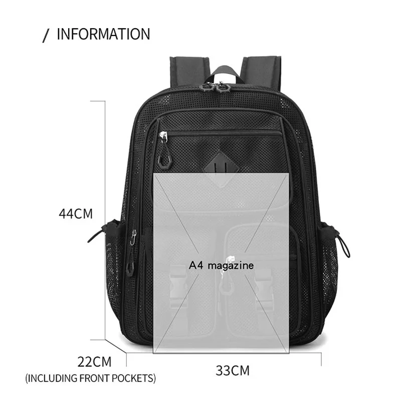Guangzhou Fuliya Industry Co.,Ltd C-81438 This mesh backpack is lightweight and breathable, with large capacity, multiple pockets, fits a 15.6″ laptop - perfect for beach, travel, and daily use.