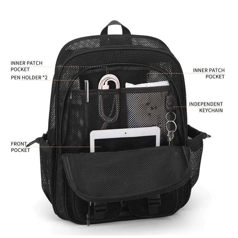 Guangzhou Fuliya Industry Co.,Ltd C-81438 This mesh backpack is lightweight and breathable, with large capacity, multiple pockets, fits a 15.6″ laptop - perfect for beach, travel, and daily use.