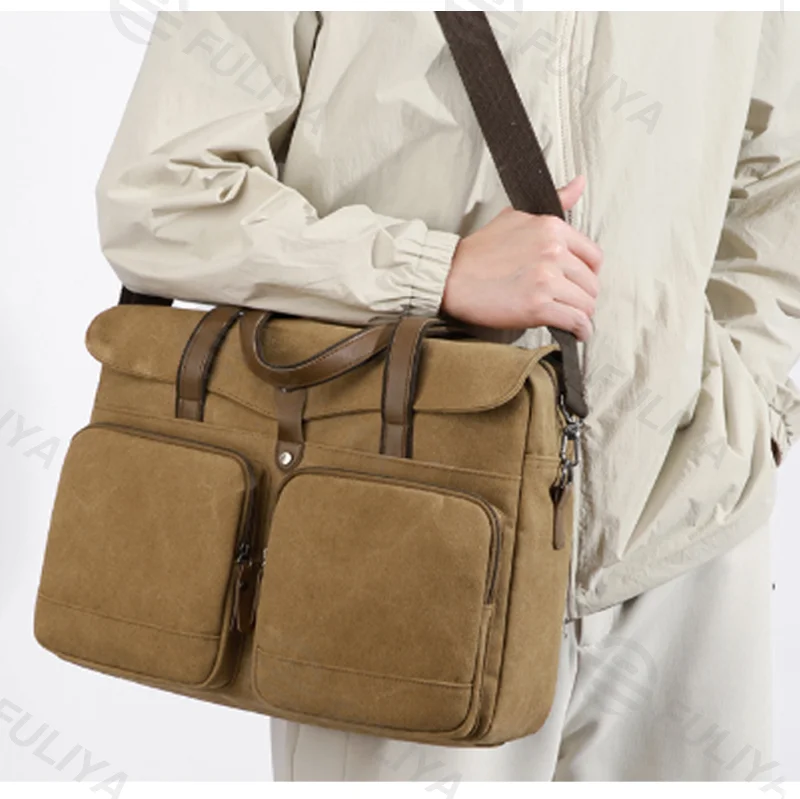 Guangzhou Fuliya Industry Co.,Ltd C-81445 This canvas bag is lightweight and soft, with hand/shoulder/crossbody carry, multi-layer pockets - for commuting and casual use.