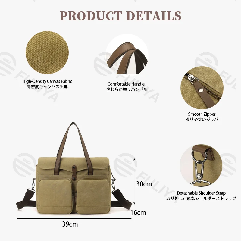 Guangzhou Fuliya Industry Co.,Ltd C-81445 This canvas bag is lightweight and soft, with hand/shoulder/crossbody carry, multi-layer pockets - for commuting and casual use.