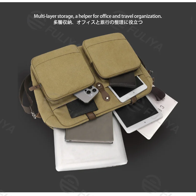 Guangzhou Fuliya Industry Co.,Ltd C-81445 This canvas bag is lightweight and soft, with hand/shoulder/crossbody carry, multi-layer pockets - for commuting and casual use.