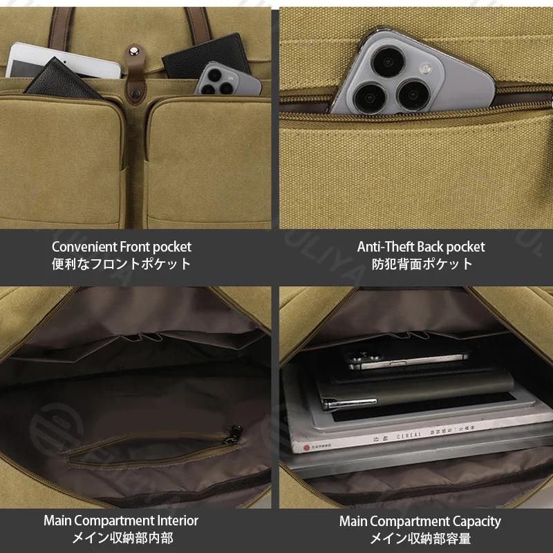 Guangzhou Fuliya Industry Co.,Ltd C-81445 This canvas bag is lightweight and soft, with hand/shoulder/crossbody carry, multi-layer pockets - for commuting and casual use.